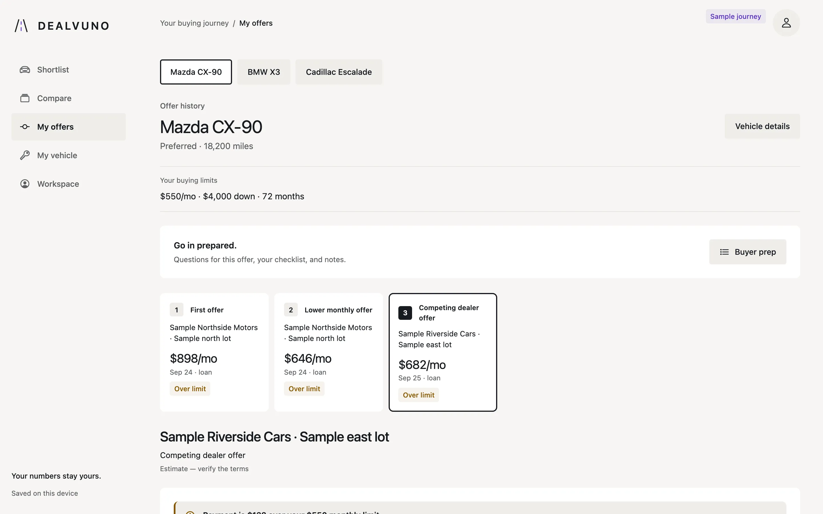 The My offers screen on a computer, showing three saved offers for a Mazda CX-90 and the selected offer's figures.
